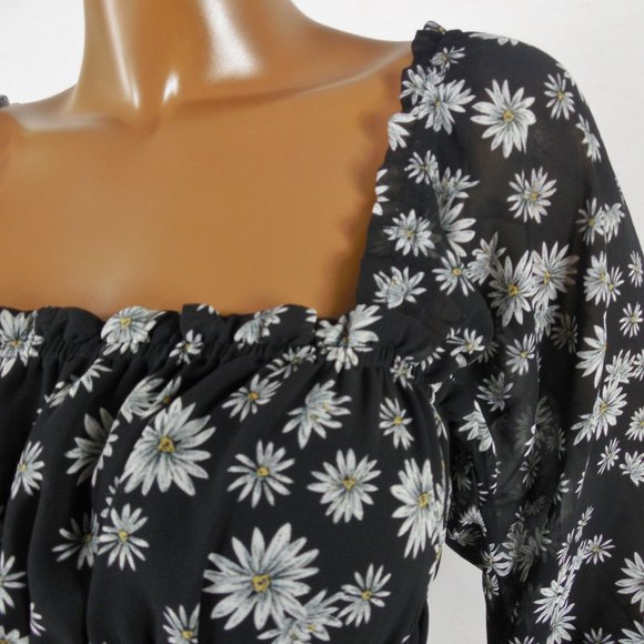 LEYDEN L New Black Daisy Print Cropped Top Stretch Bodice Long Sheer Sleeves - Picture 7 of 9